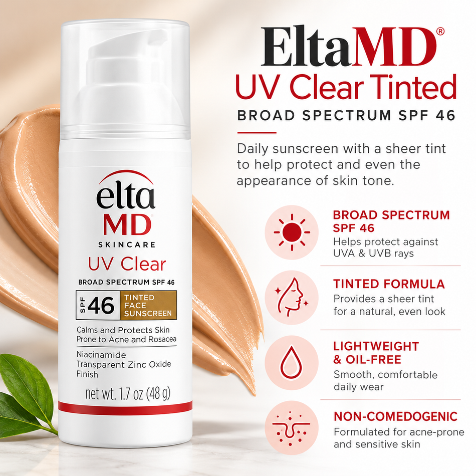 EltaMD UV Clear Tinted SPF 46 facial sunscreen, 1.7 oz, featuring broad-spectrum UVA and UVB protection, sheer tint, lightweight oil-free formula, and non-comedogenic skincare benefits.
