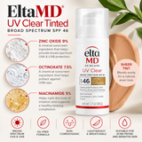 EltaMD UV Clear Tinted SPF 46 facial sunscreen, 1.7 oz, ingredient infographic highlighting 9% zinc oxide, 7.5% octinoxate, and 5% niacinamide with a sheer tinted finish.