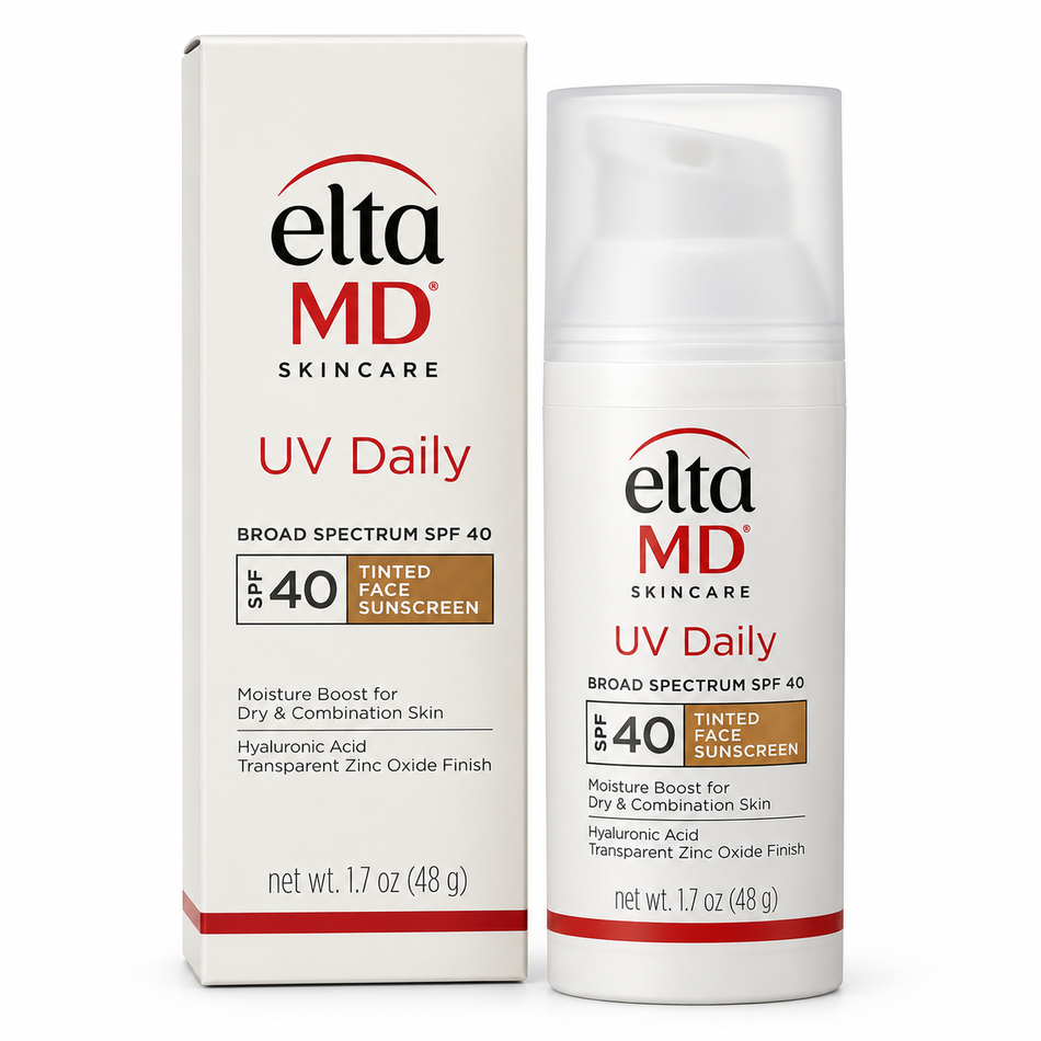 EltaMD UV Daily Tinted Broad Spectrum SPF 40 Face Sunscreen 1.7 oz with hyaluronic acid, shown with its original packaging on a white background.