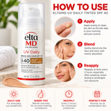 EltaMD UV Daily Tinted SPF 40 Face Sunscreen 1.7 oz application guide showing how to apply, blend, and reapply tinted sunscreen for daily broad-spectrum sun protection.