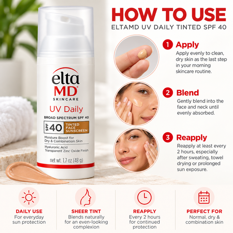 EltaMD UV Daily Tinted SPF 40 Face Sunscreen 1.7 oz application guide showing how to apply, blend, and reapply tinted sunscreen for daily broad-spectrum sun protection.