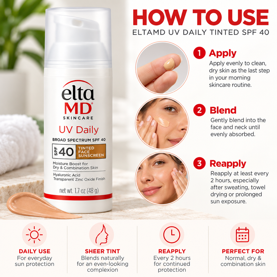 EltaMD UV Daily Tinted SPF 40 Face Sunscreen 1.7 oz application guide showing how to apply, blend, and reapply tinted sunscreen for daily broad-spectrum sun protection.