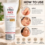 EltaMD UV Physical Tinted SPF 41 mineral face sunscreen 3 oz application infographic showing how to apply, blend, and reapply the lightweight tinted formula for daily broad-spectrum sun protection.