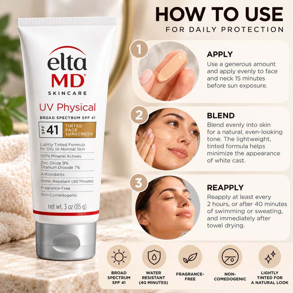 EltaMD UV Physical Tinted SPF 41 mineral face sunscreen 3 oz application infographic showing how to apply, blend, and reapply the lightweight tinted formula for daily broad-spectrum sun protection.