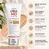 EltaMD UV Physical Tinted SPF 41 mineral face sunscreen infographic highlighting broad-spectrum UVA/UVB protection, 9% zinc oxide, 7% titanium dioxide, lightweight tint, antioxidants, and 40-minute water resistance.