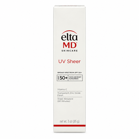 EltaMD UV Sheer Broad Spectrum SPF 50+ Face and Body Sunscreen, 3 oz (85 g), with Vitamin C, transparent zinc oxide finish, and 80-minute water resistance, shown in original retail packaging on a white background.