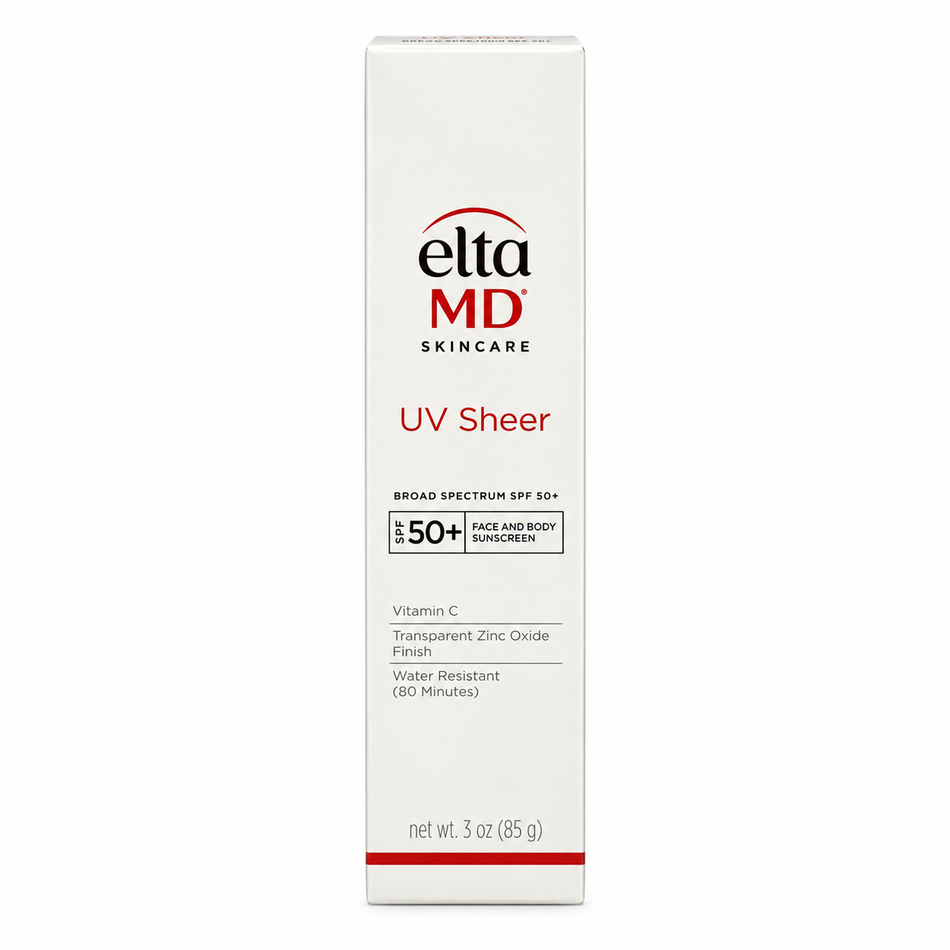 EltaMD UV Sheer Broad Spectrum SPF 50+ Face and Body Sunscreen, 3 oz (85 g), with Vitamin C, transparent zinc oxide finish, and 80-minute water resistance, shown in original retail packaging on a white background.