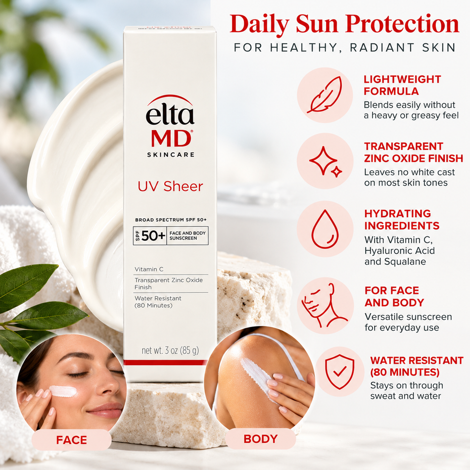 EltaMD UV Sheer SPF 50+ Broad Spectrum Face and Body Sunscreen, 3 oz, infographic highlighting UVA and UVB protection, 80-minute water resistance, lightweight texture, and transparent zinc oxide finish.
