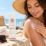 EltaMD UV Sheer Broad Spectrum SPF 50+ Sunscreen, 3 oz (85 g), product benefits infographic highlighting lightweight formula, transparent zinc oxide finish, hydrating ingredients, 80-minute water resistance, and everyday face and body sun protection.