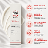 EltaMD UV Sheer Broad Spectrum SPF 50+ Sunscreen, 3 oz, ingredient infographic featuring zinc oxide for UV protection, vitamin C for antioxidant support, hyaluronic acid for hydration, and squalane for moisturizing skincare.