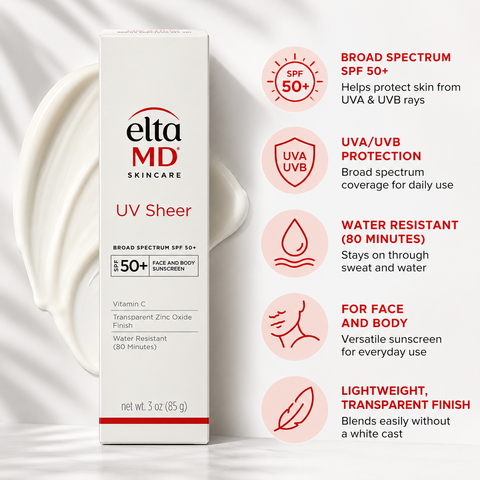 EltaMD UV Sheer Broad Spectrum SPF 50+ Sunscreen, 3 oz, ingredient infographic featuring zinc oxide for UV protection, vitamin C for antioxidant support, hyaluronic acid for hydration, and squalane for moisturizing skincare.
