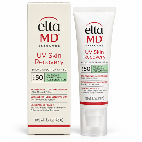 EltaMD UV Skin Recovery Green Tint Broad Spectrum SPF 50 mineral face sunscreen, 1.7 oz, with product packaging, designed to help visibly correct redness and protect sensitive skin.
