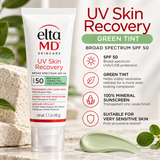 EltaMD UV Skin Recovery Green Tint SPF 50 mineral face sunscreen featuring broad-spectrum UVA/UVB protection, green color-correcting tint to help neutralize visible redness, and a zinc oxide formula suitable for sensitive skin.