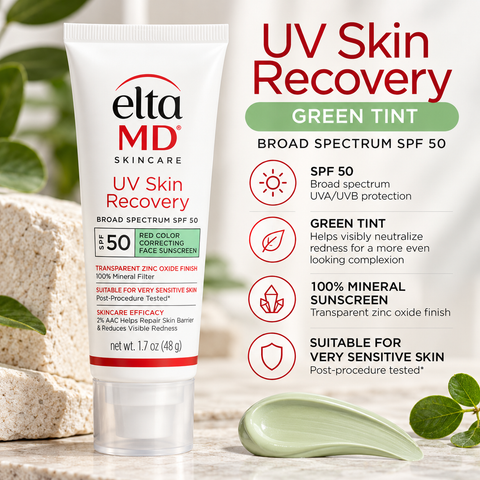 EltaMD UV Skin Recovery Green Tint SPF 50 mineral face sunscreen featuring broad-spectrum UVA/UVB protection, green color-correcting tint to help neutralize visible redness, and a zinc oxide formula suitable for sensitive skin.