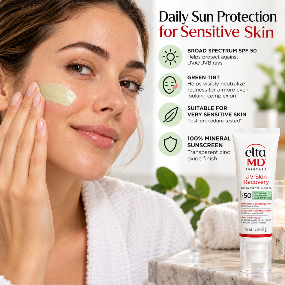 EltaMD UV Skin Recovery Green Tint SPF 50 mineral sunscreen, 1.7 oz, featuring creamy green-tinted texture, zinc oxide sun protection, visible redness correction, and skincare benefits for sensitive skin.