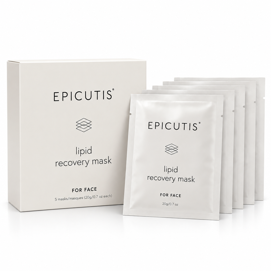 Epicutis Lipid Recovery Mask for Face, premium skincare box with five individually packaged facial sheet masks, 0.7 oz (20 g) each, on a white background.
 Copy