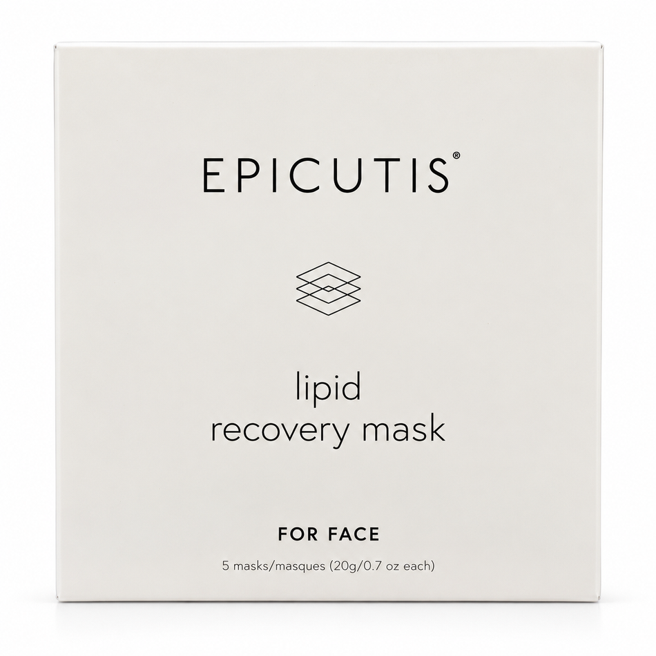 Epicutis Lipid Recovery Mask for Face, box of 5 hydrating facial sheet masks, 0.7 oz (20 g) each, original packaging on white background.
 Copy