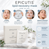 Epicutis Lipid Recovery Mask how-to-use infographic showing four skincare steps: cleanse face, apply sheet mask, leave on for 15 minutes, and massage remaining serum into skin.
 Copy