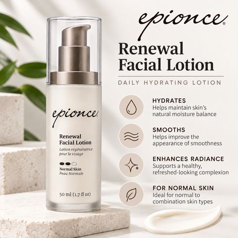 Epionce Renewal Facial Lotion 1.7 fl oz skincare benefits infographic highlighting daily hydration, smoother-looking skin, enhanced radiance, and normal skin suitability.