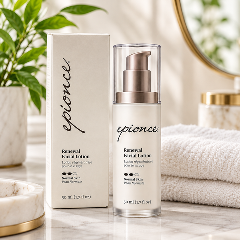 Epionce Renewal Facial Lotion 1.7 fl oz hydrating face moisturizer displayed on a marble bathroom vanity with soft towels and greenery.
