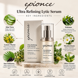 Epionce Ultra Refining Lytic Serum 30 ml botanical ingredients infographic featuring aloe vera, lemon thyme, saw palmetto, and wakame extract for skin hydration, smoothness, and radiance.