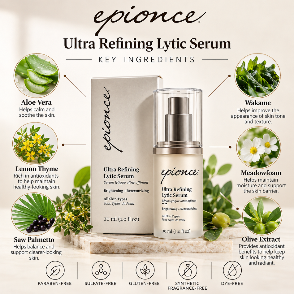 Epionce Ultra Refining Lytic Serum 30 ml botanical ingredients infographic featuring aloe vera, lemon thyme, saw palmetto, and wakame extract for skin hydration, smoothness, and radiance.