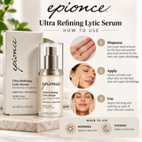 Epionce Ultra Refining Lytic Serum 30 ml application guide showing pea-sized serum amounts for the face, neck and décolletage, with morning and evening skincare instructions.