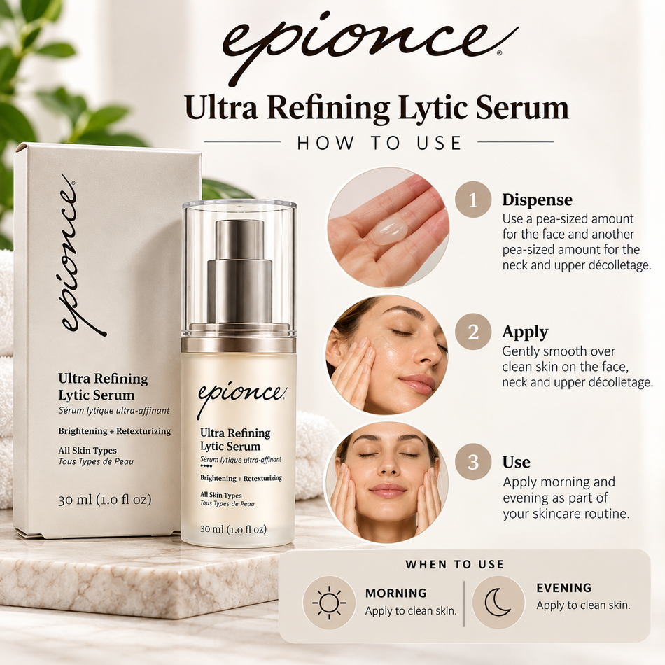 Epionce Ultra Refining Lytic Serum 30 ml application guide showing pea-sized serum amounts for the face, neck and décolletage, with morning and evening skincare instructions.