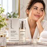 Epionce Ultra Refining Lytic Serum 30 ml displayed in an elegant skincare setting with a woman in a white robe, marble countertop, and botanical accents.