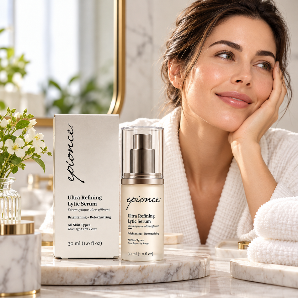 Epionce Ultra Refining Lytic Serum 30 ml displayed in an elegant skincare setting with a woman in a white robe, marble countertop, and botanical accents.