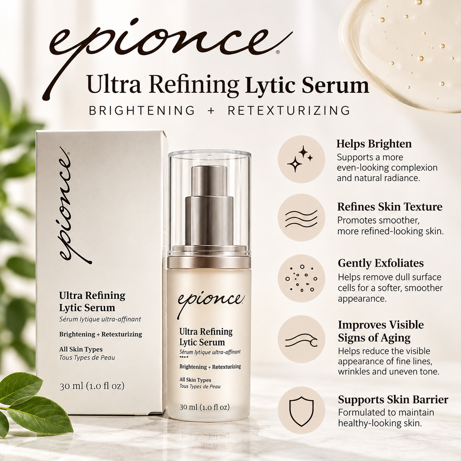 Epionce Ultra Refining Lytic Serum 30 ml skincare benefits infographic highlighting gentle exfoliation, smoother-looking texture, improved radiance, reduced appearance of fine lines, and skin barrier support.
