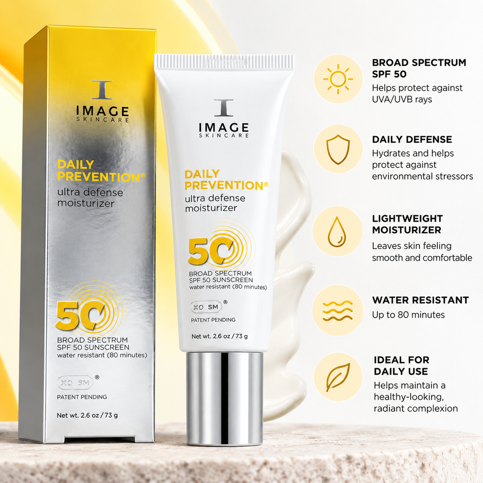 IMAGE Skincare Daily Prevention Ultra Defense Moisturizer SPF 50, 2.6 oz, with broad-spectrum UVA/UVB protection, daily hydration, and 80-minute water resistance.