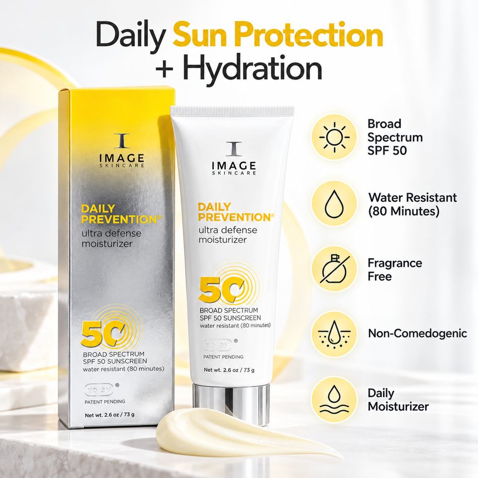 IMAGE Skincare Daily Prevention Ultra Defense Moisturizer SPF 50, 2.6 oz, displayed in a premium skincare setting with broad-spectrum UVA/UVB protection and daily moisturizing benefits.