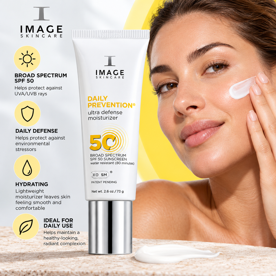 IMAGE Skincare Daily Prevention Ultra Defense Moisturizer SPF 50, 2.6 oz, shown with a woman applying facial sunscreen, highlighting broad-spectrum UVA/UVB protection and daily hydration.