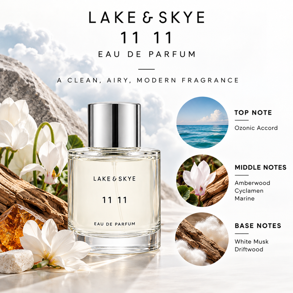 Lake & Skye 11 11 Eau de Parfum 50 mL fragrance notes infographic featuring ozonic accord top note, amberwood, cyclamen and marine middle notes, and white musk and driftwood base notes.