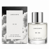 Lake & Skye 11 11 Eau de Parfum 1.7 oz 50 mL perfume bottle with silver cap and original cloud-design packaging on a clean white background.