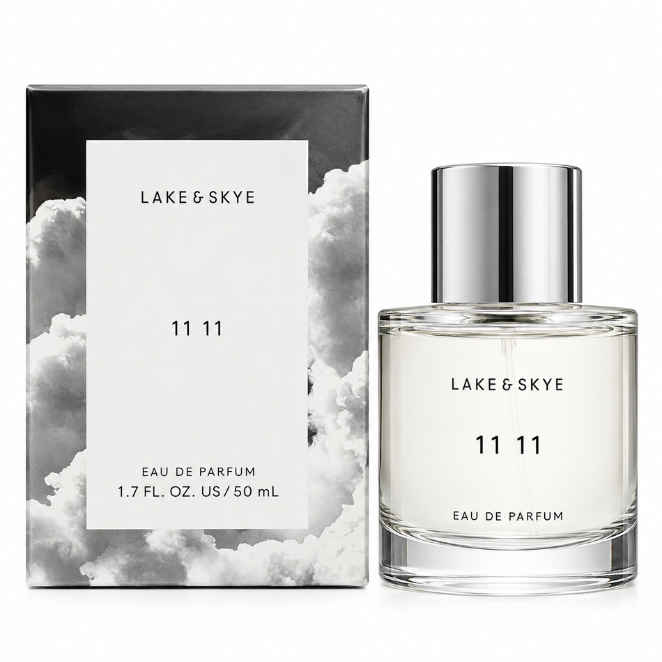Lake & Skye 11 11 Eau de Parfum 1.7 oz 50 mL perfume bottle with silver cap and original cloud-design packaging on a clean white background.