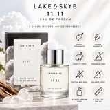 Lake & Skye 11 11 Eau de Parfum 50 mL product features infographic showing unisex fragrance, vegan and cruelty-free formula, paraben-free, phthalate-free and sulfate-free attributes with perfume bottle and packaging.