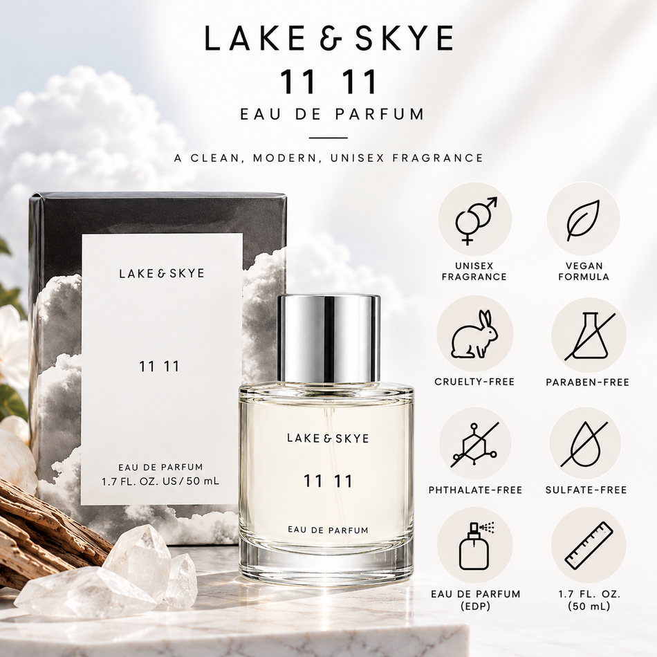 Lake & Skye 11 11 Eau de Parfum 50 mL product features infographic showing unisex fragrance, vegan and cruelty-free formula, paraben-free, phthalate-free and sulfate-free attributes with perfume bottle and packaging.