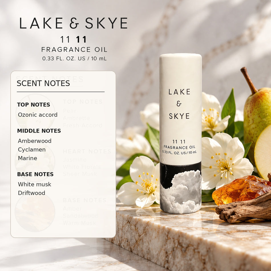Lake & Skye 11 11 Rollerball Fragrance Oil 0.33 oz 10ml with ozonic top notes, amberwood, cyclamen and marine middle notes, and white musk and driftwood base notes