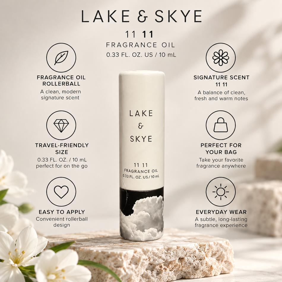 Lake & Skye 11 11 Rollerball Fragrance Oil 0.33 oz 10ml product features infographic highlighting portable size, convenient application, and signature scent