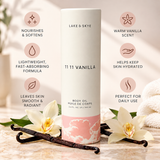 Lake & Skye 11 11 Vanilla Body Oil 3.4 oz (100 ml) benefits infographic featuring skin nourishment, hydration, and warm vanilla fragrance.