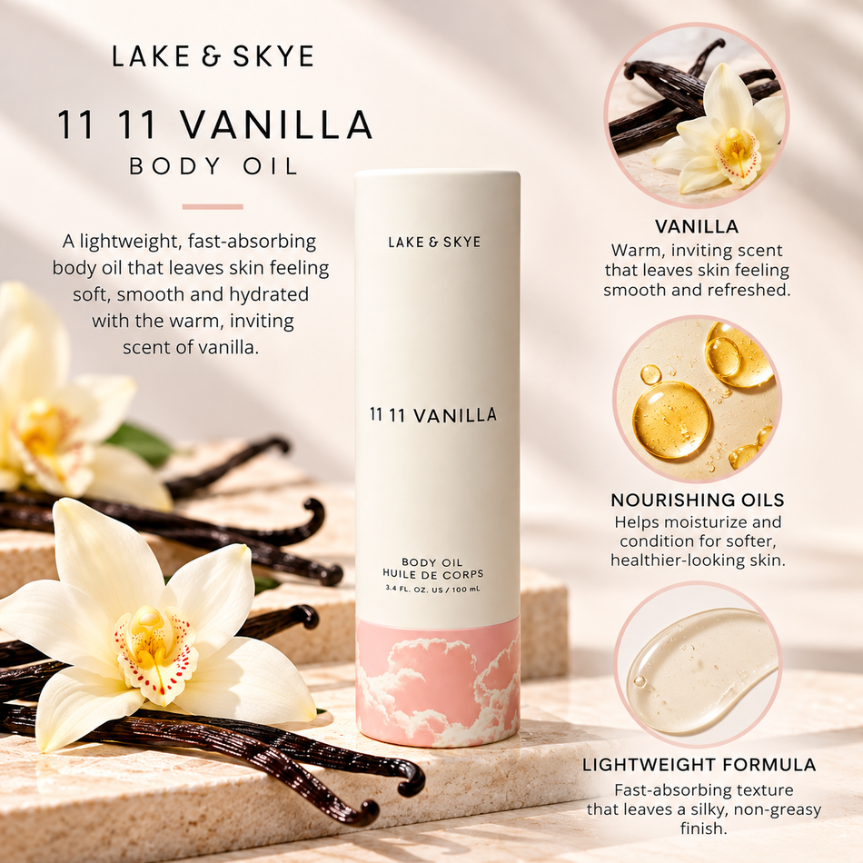 Lake & Skye 11 11 Vanilla Body Oil 3.4 oz (100 ml) with nourishing oils, skin hydration benefits, and warm vanilla fragrance in a luxury product infographic.