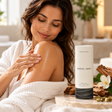 Woman applying body oil to her shoulder during a relaxing self-care routine, with Lake & Skye Santal Gray Body Oil 3.4 oz (100 ml) displayed in an elegant spa setting.