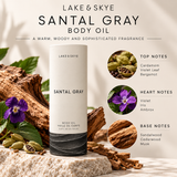 Lake & Skye Santal Gray Body Oil 3.4 oz (100 ml) fragrance infographic featuring cardamom, violet, sandalwood, cedarwood, and musk in an elegant botanical setting.