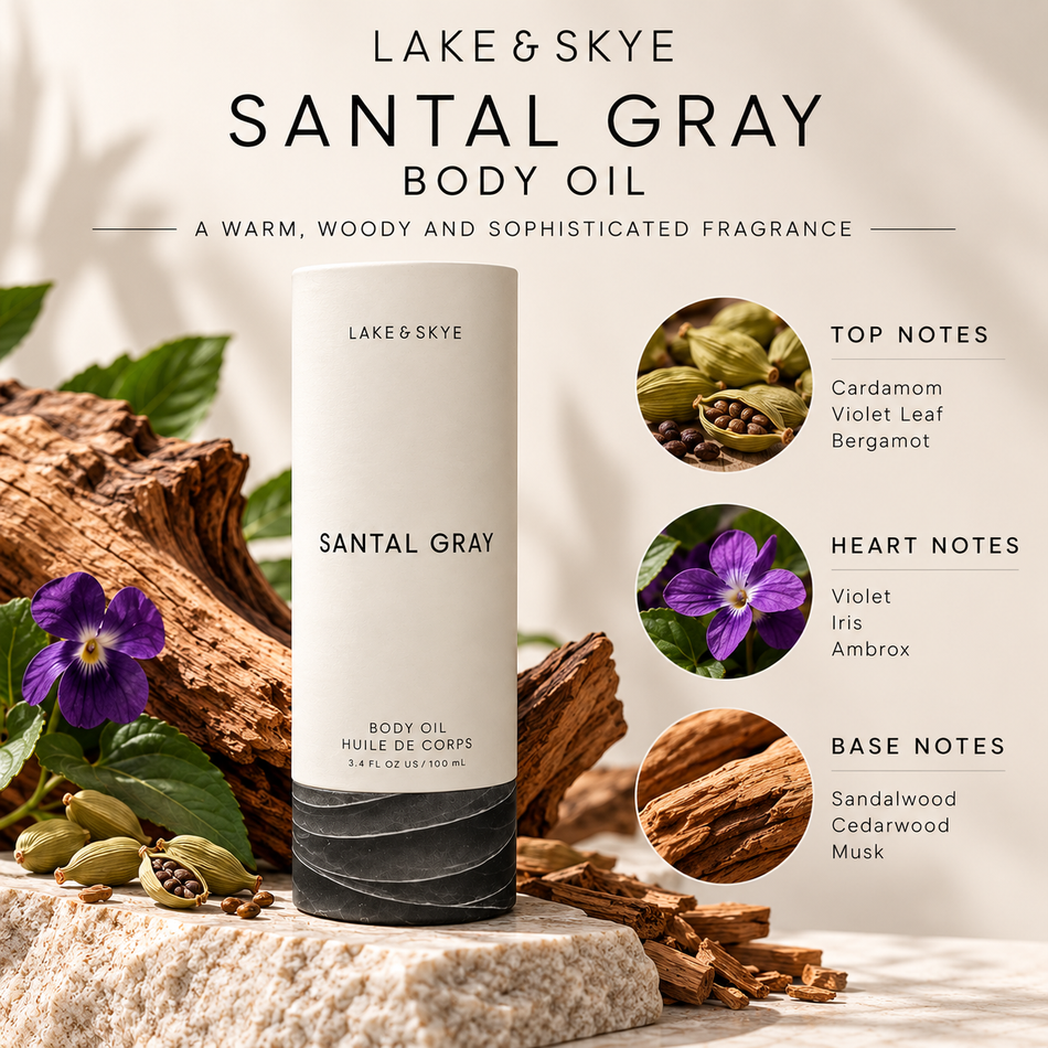 Lake & Skye Santal Gray Body Oil 3.4 oz (100 ml) fragrance infographic featuring cardamom, violet, sandalwood, cedarwood, and musk in an elegant botanical setting.
