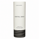 Lake & Skye Santal Gray Body Oil 3.4 oz (100 ml) in original ivory and charcoal packaging, front view on a clean white background.