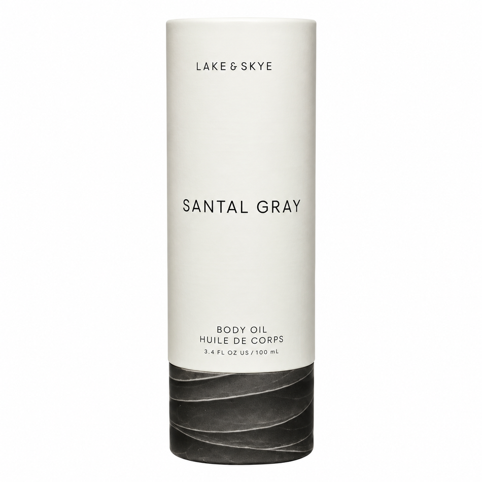 Lake & Skye Santal Gray Body Oil 3.4 oz (100 ml) in original ivory and charcoal packaging, front view on a clean white background.
