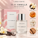 Lake & Skye 11 11 Vanilla Eau de Parfum 50ml perfume with pink cloud packaging, showcasing creamy vanilla and warm amber fragrance notes.