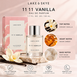 Lake & Skye 11 11 Vanilla Eau de Parfum 50ml perfume bottle with pink packaging and an infographic highlighting vanilla, amber, musk, and teakwood fragrance notes.